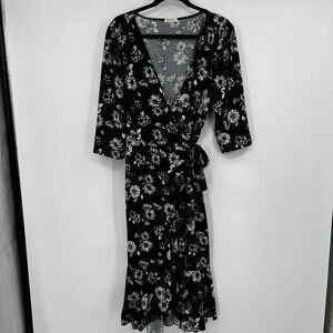 KIYONNA Black Floral Wrap Midi Dress Plus Size 2X Ruffle Hem Spring Garden Date